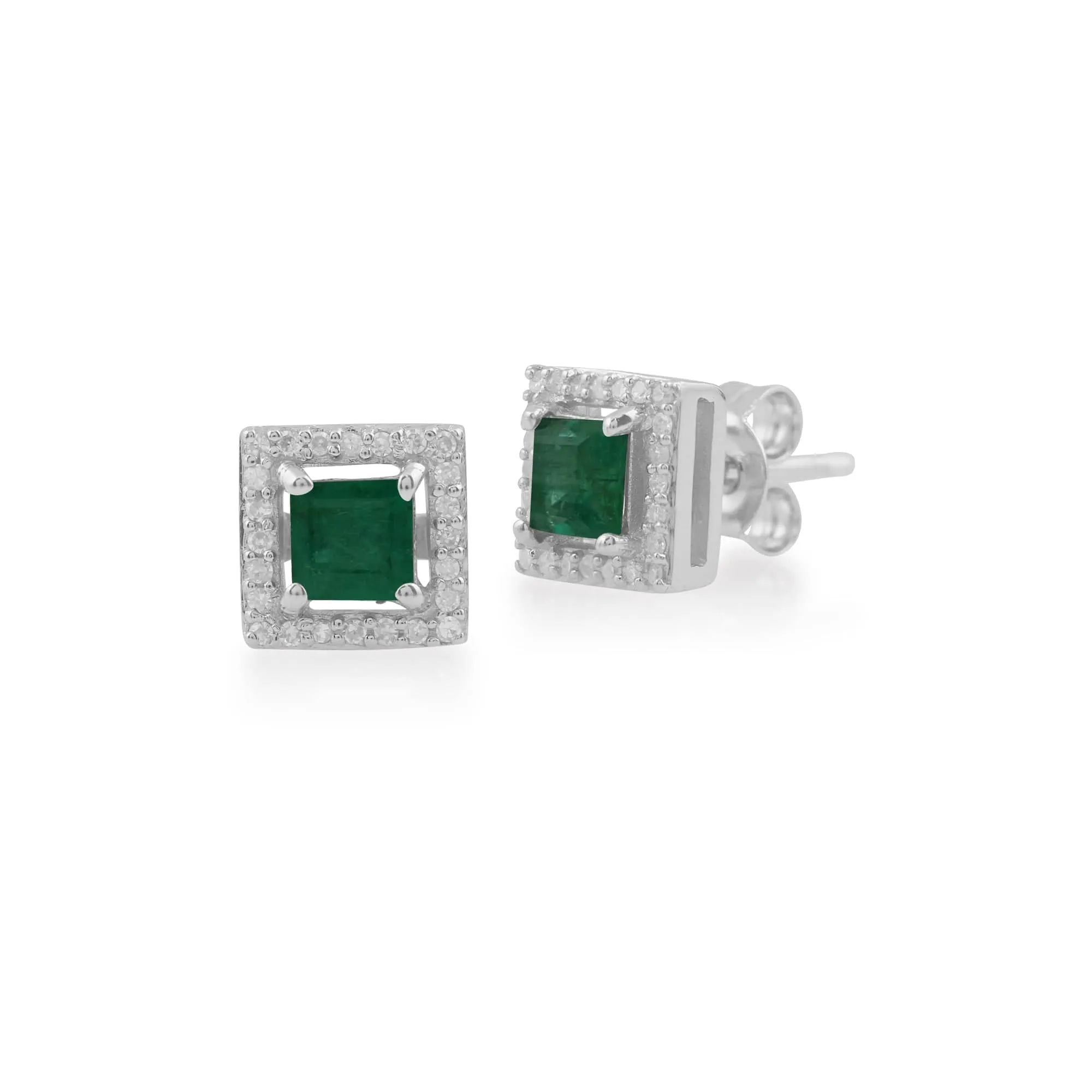 Square Emerald & Diamond Cluster Luxe Stud Earrings In 9ct White Gold sold by Gemondo Jewellery