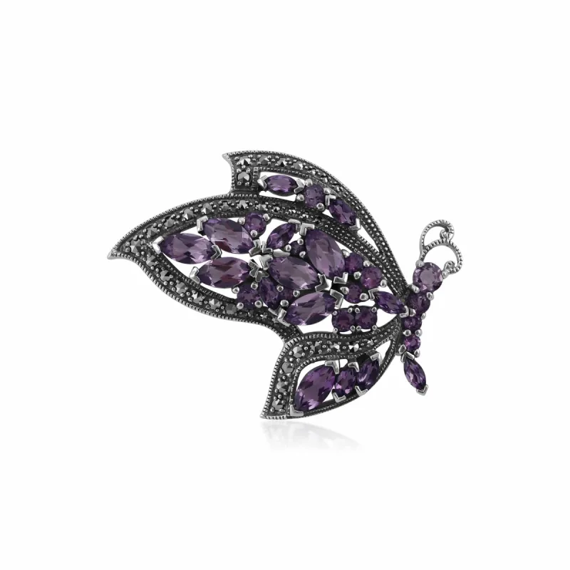 Art Nouveau Style Marquise Amethyst & Marcasite Flying Butterfly Brooch in 925 Sterling Silver sold by Gemondo Jewellery