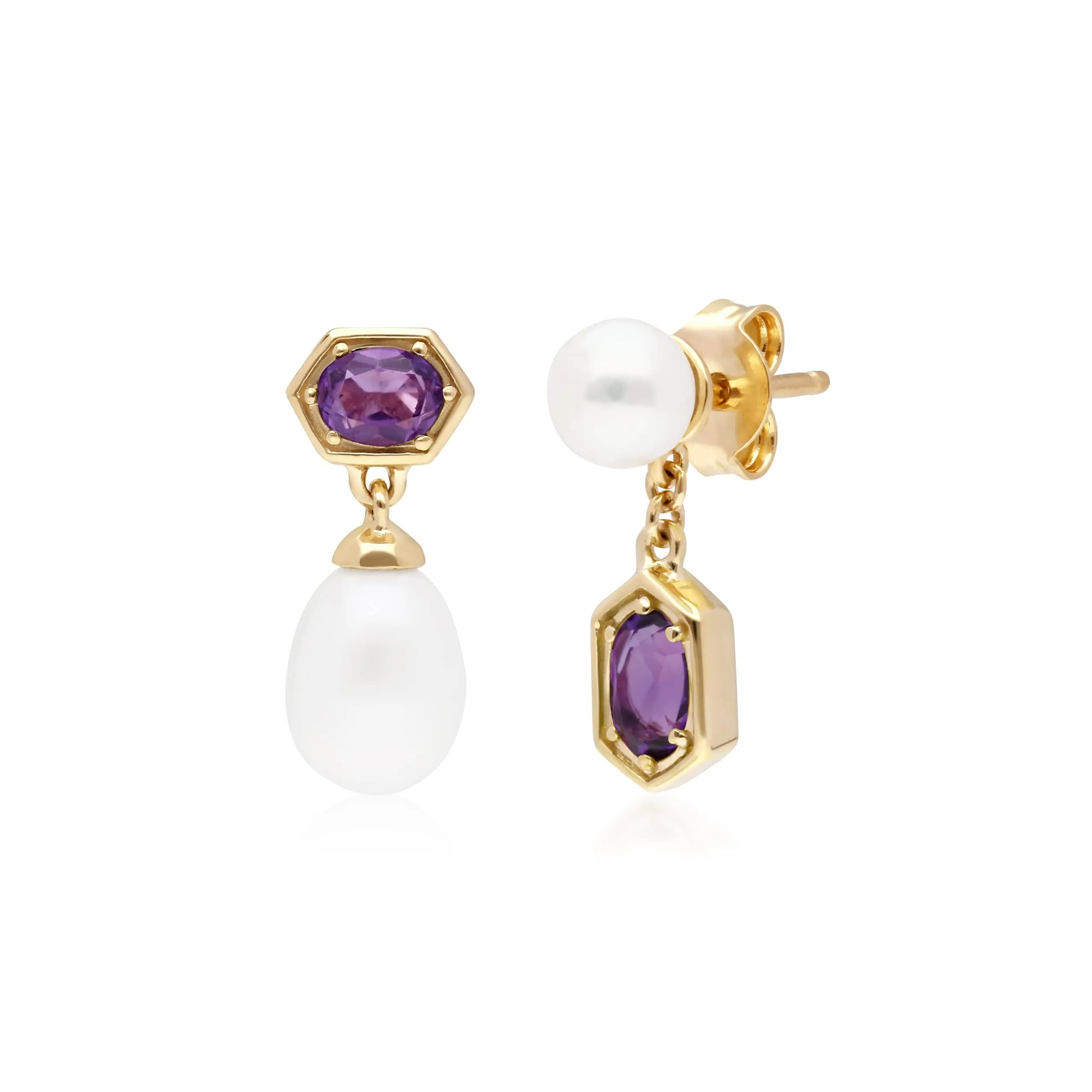 Modern Pearl & Amethyst Mismatched Drop Earrings in Gold Plated Silver sold by Gemondo Jewellery