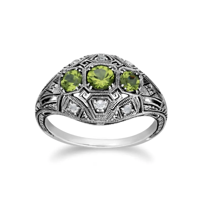Art Deco Style Round Peridot & White Topaz Three Stone Ring in 925 Sterling Silver sold by Gemondo Jewellery