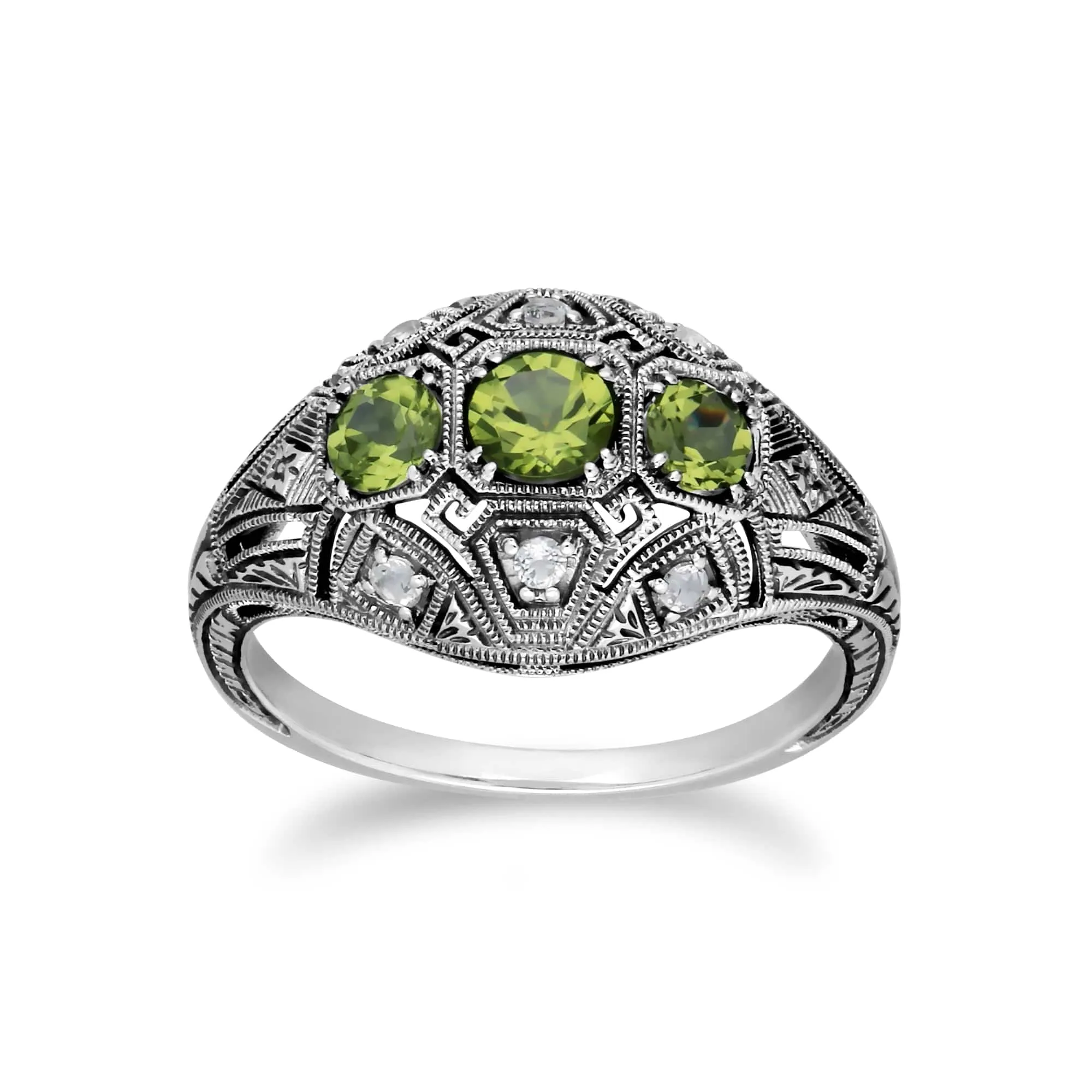 Art Deco Style Round Peridot & White Topaz Three Stone Ring in 925 Sterling Silver sold by Gemondo Jewellery