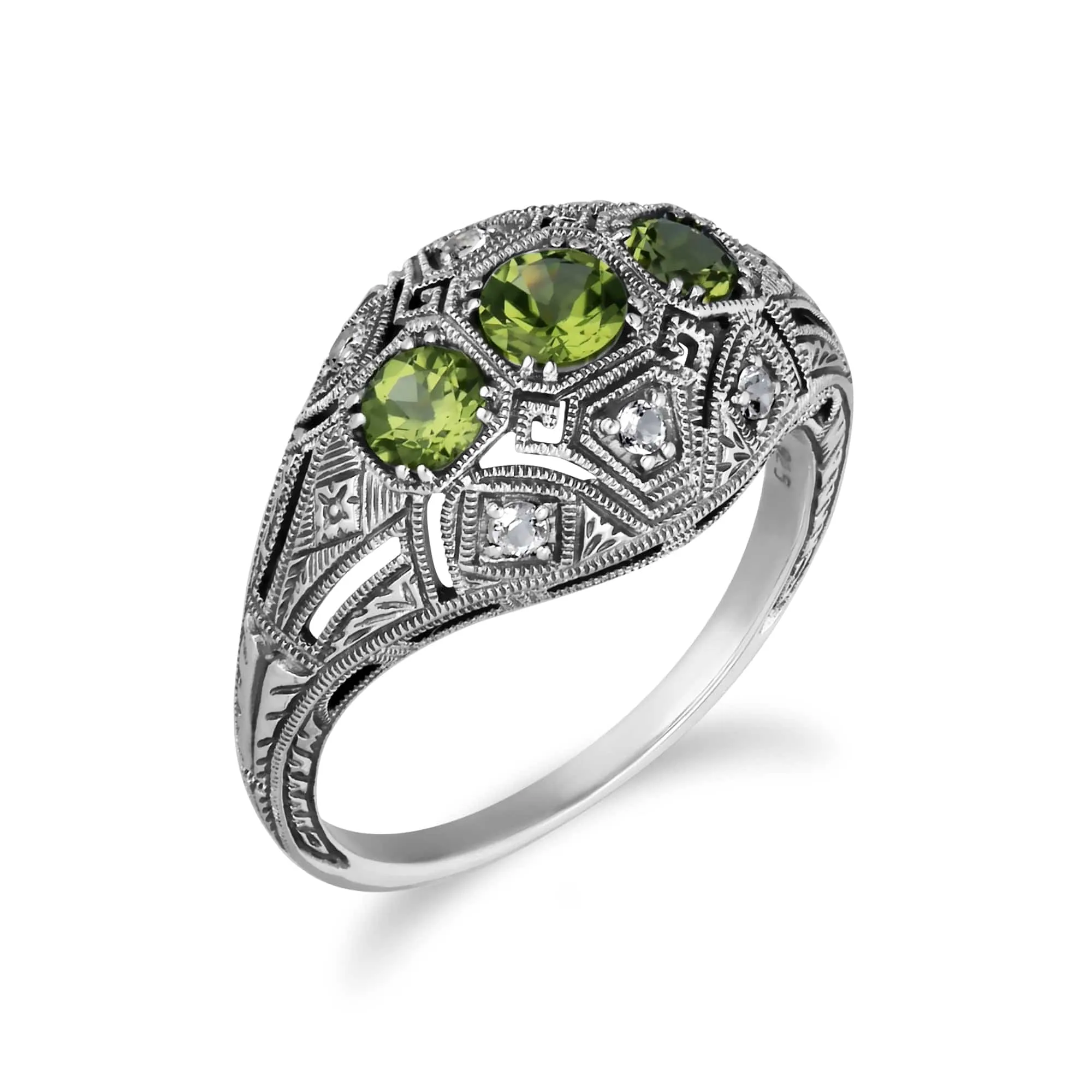Art Deco Style Round Peridot & White Topaz Three Stone Ring in 925 Sterling Silver sold by Gemondo Jewellery product image thumbnail 2