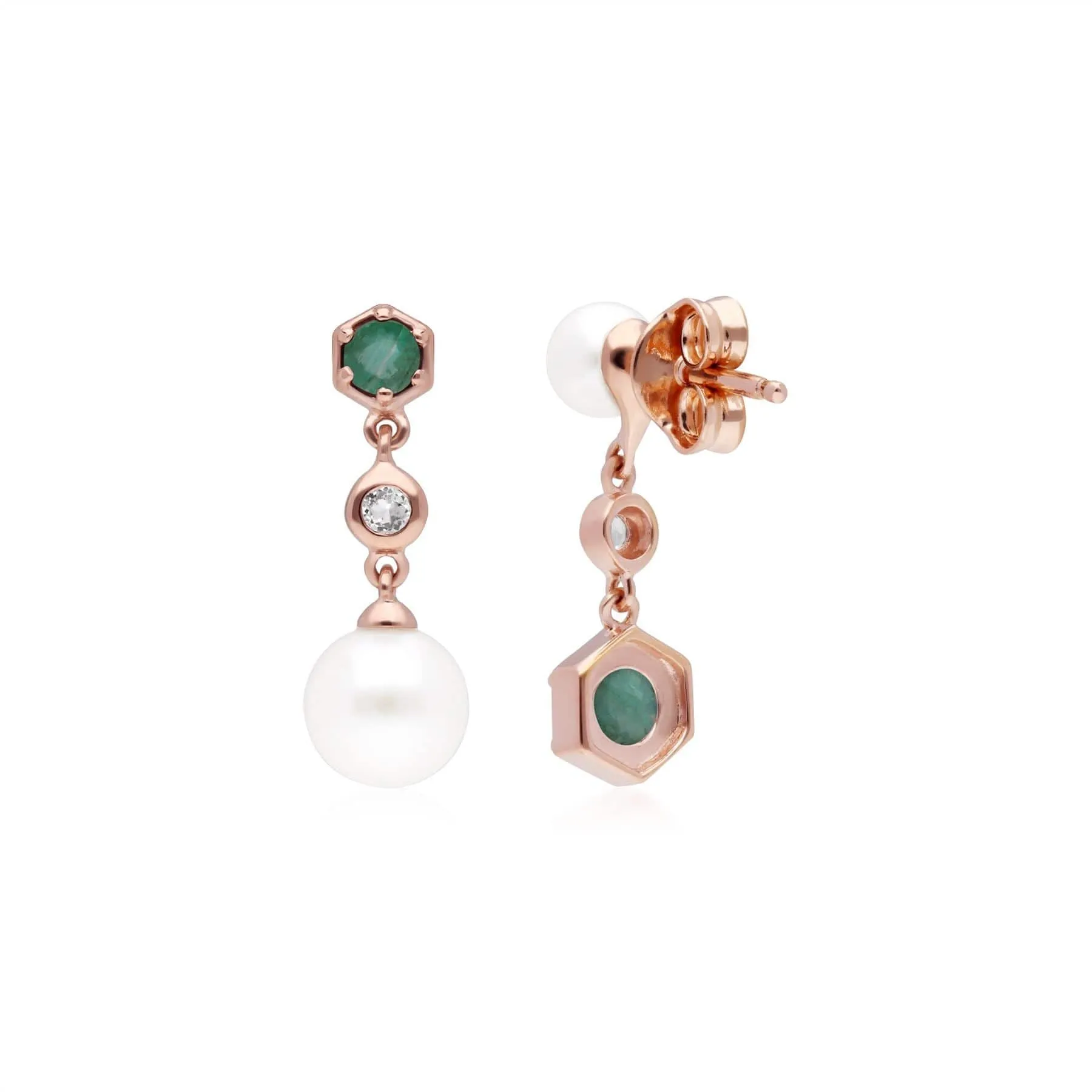 Modern Pearl, Emerald & Topaz Mismatched Drop Earrings in Rose Gold Plated Silver sold by Gemondo Jewellery product image thumbnail 3
