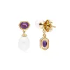 Modern Pearl & Amethyst Mismatched Drop Earrings in Gold Plated Silver sold by Gemondo Jewellery