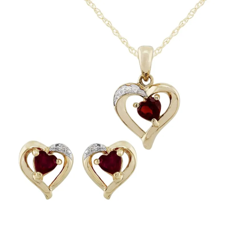 Classic Heart Garnet & Diamond Heart Stud Earrings & Pendant Set in 9ct Gold sold by Gemondo Jewellery