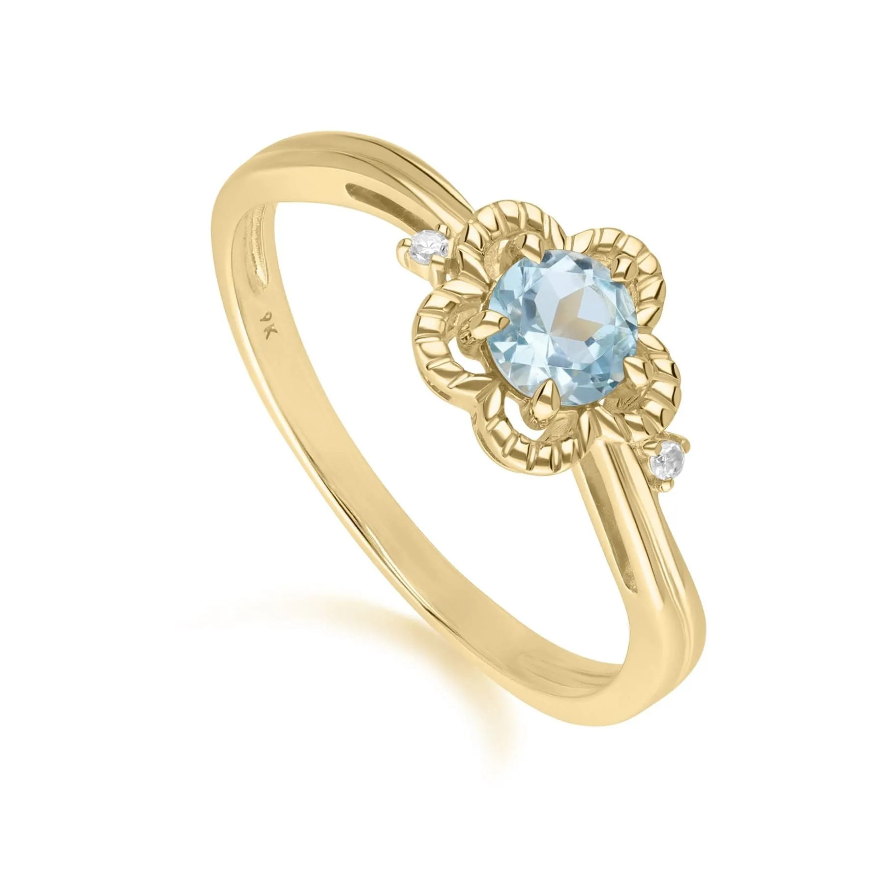 Floral Round Blue Topaz & Diamond Ring in 9ct Yellow Gold sold by Gemondo Jewellery