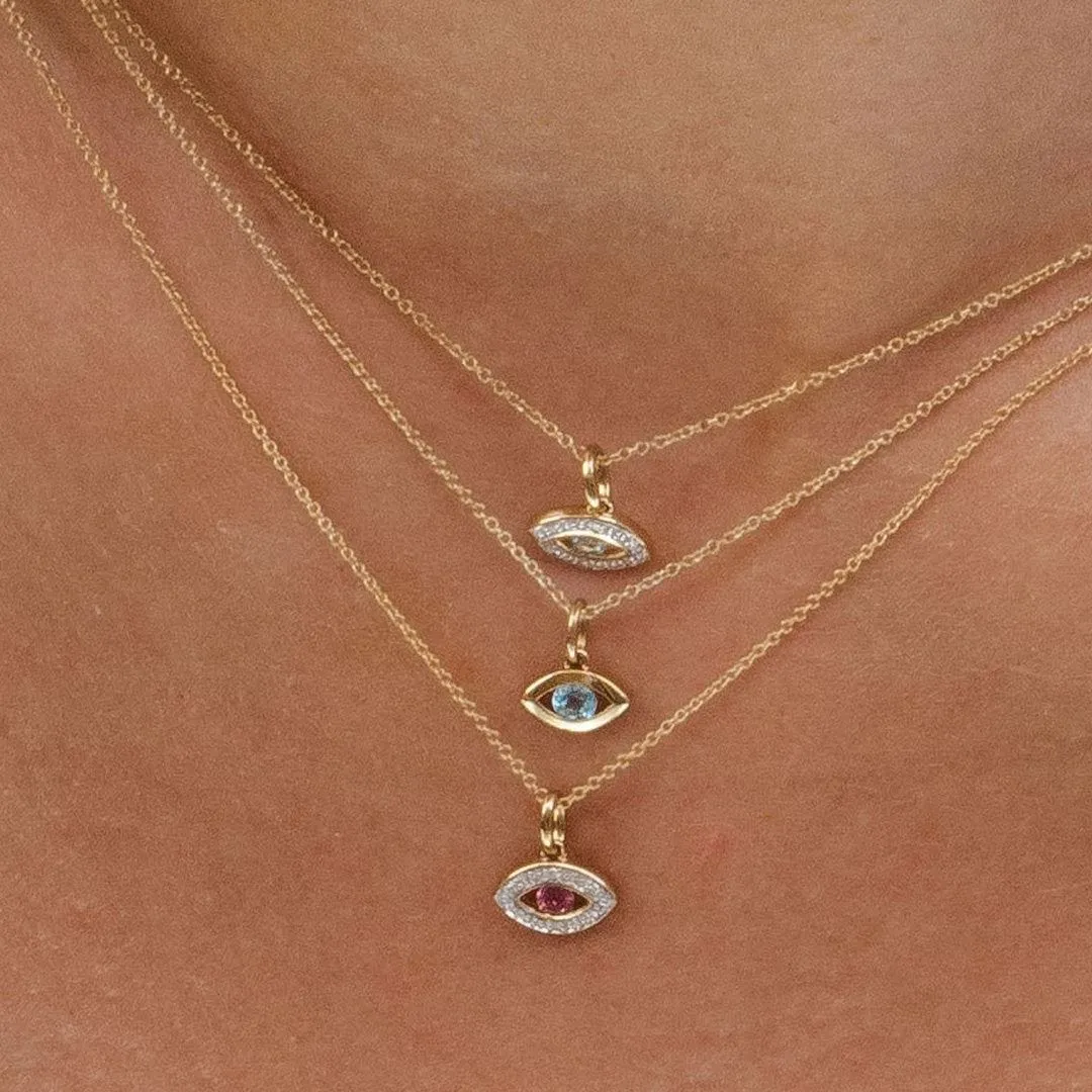 ECFEW™ Dainty Evil Eye Pink Tourmaline & Diamond Pendant in 9ct Yellow Gold sold by Gemondo Jewellery product image thumbnail 2