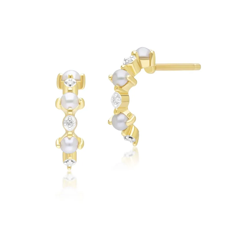 Classic Pearl & Diamond Half Eternity Hoop Earrings in 9ct Yellow Gold sold by Gemondo Jewellery