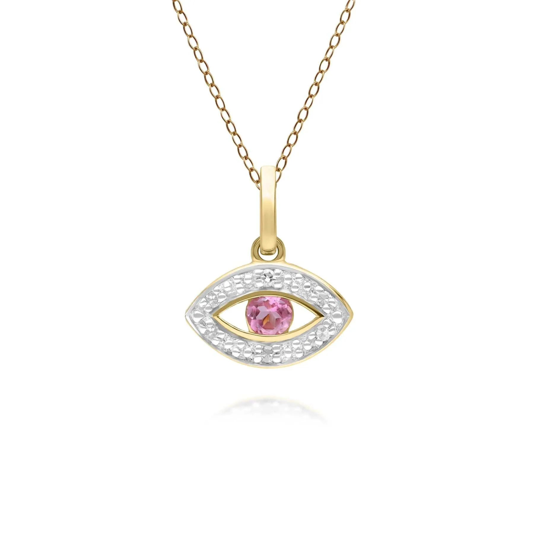 ECFEW™ Dainty Evil Eye Pink Tourmaline & Diamond Pendant in 9ct Yellow Gold sold by Gemondo Jewellery