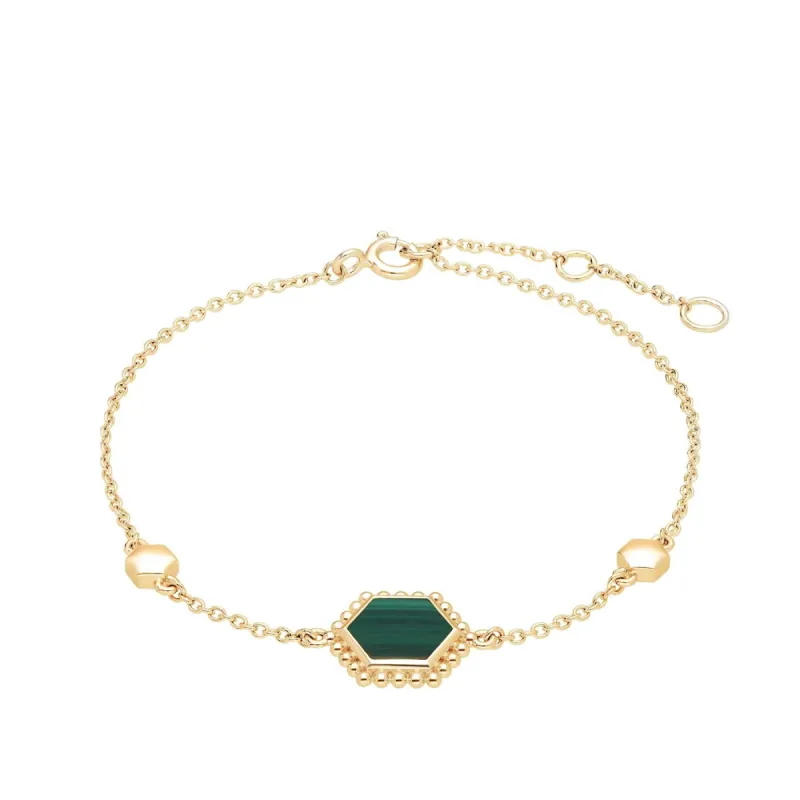 Malachite Flat Slice Hex Bracelet in Gold Plated Silver sold by Gemondo Jewellery