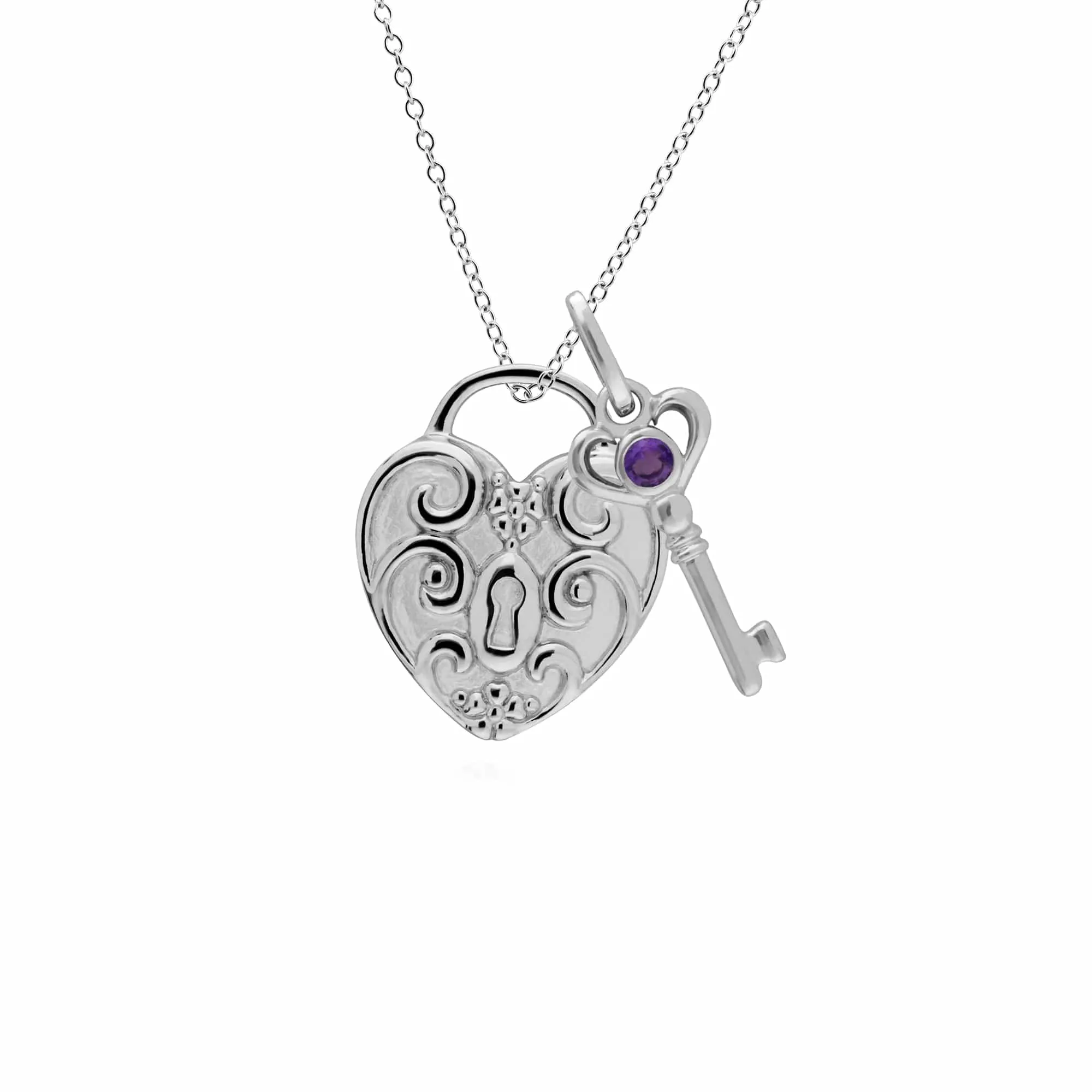 Classic Swirl Heart Lock Pendant & Amethyst Key Charm in 925 Sterling Silver sold by Gemondo Jewellery