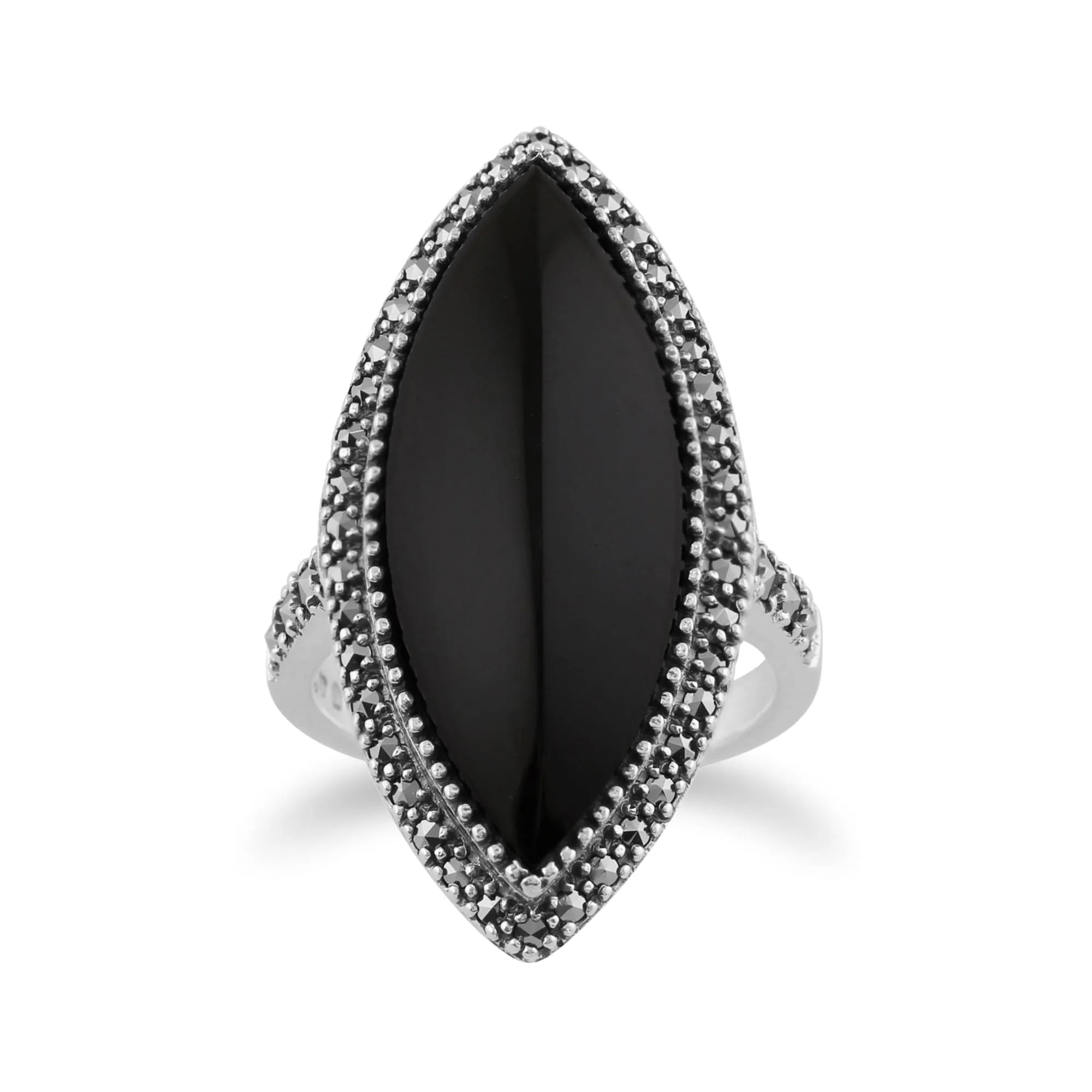 Art Deco Style Marquise Black Onyx & Marcasite Statement Ring in 925 Sterling Silver sold by Gemondo Jewellery
