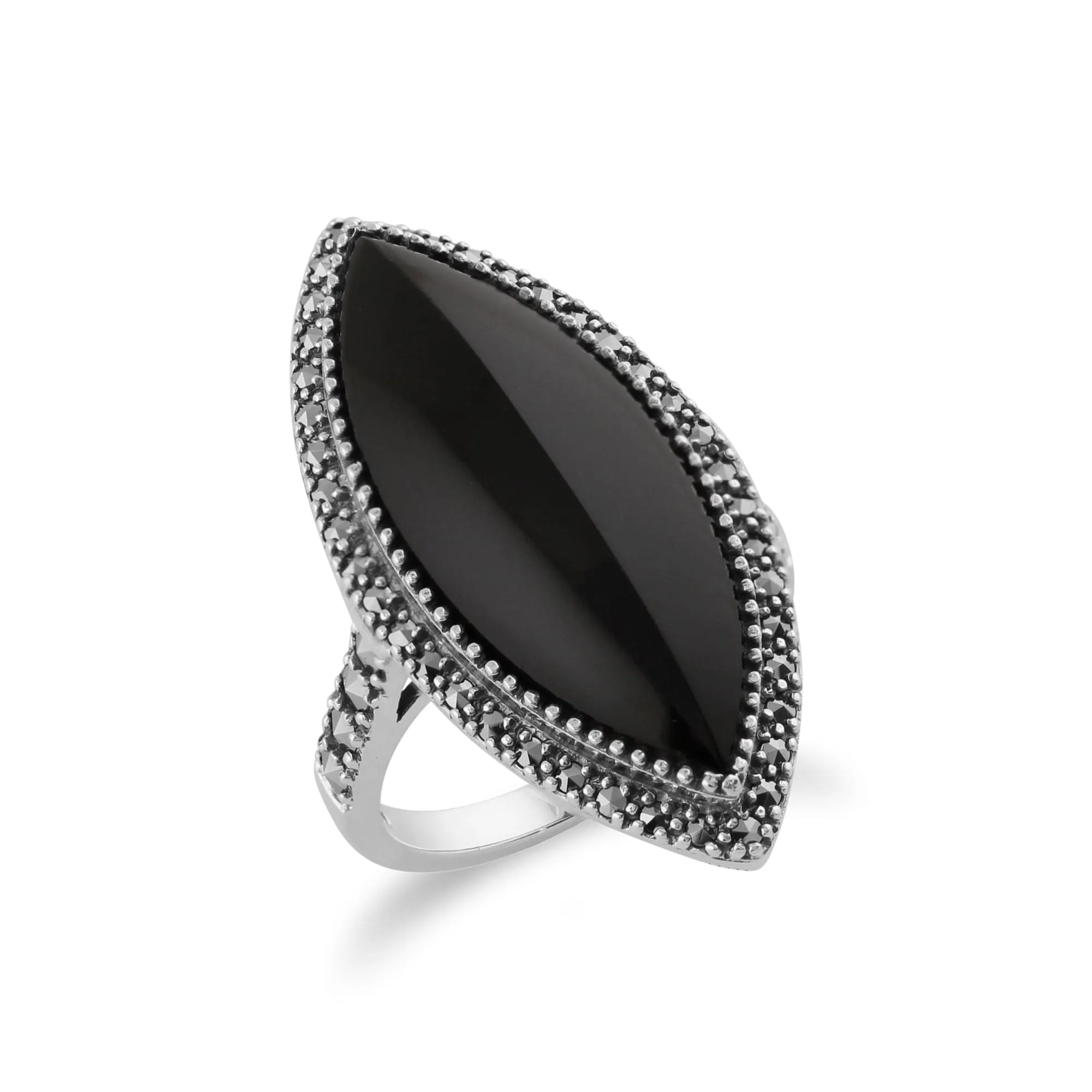 Art Deco Style Marquise Black Onyx & Marcasite Statement Ring in 925 Sterling Silver sold by Gemondo Jewellery product image thumbnail 2