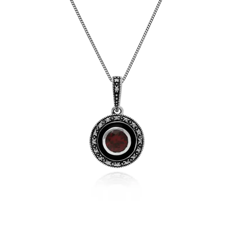 Gemondo Sterling Silver Garnet & Marcasite & Black Enamel 45cm Necklace sold by Gemondo Jewellery