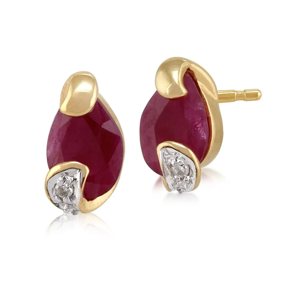 Art Nouveau Style Ruby & Diamond Stud Earrings in 9ct Yellow gold sold by Gemondo Jewellery