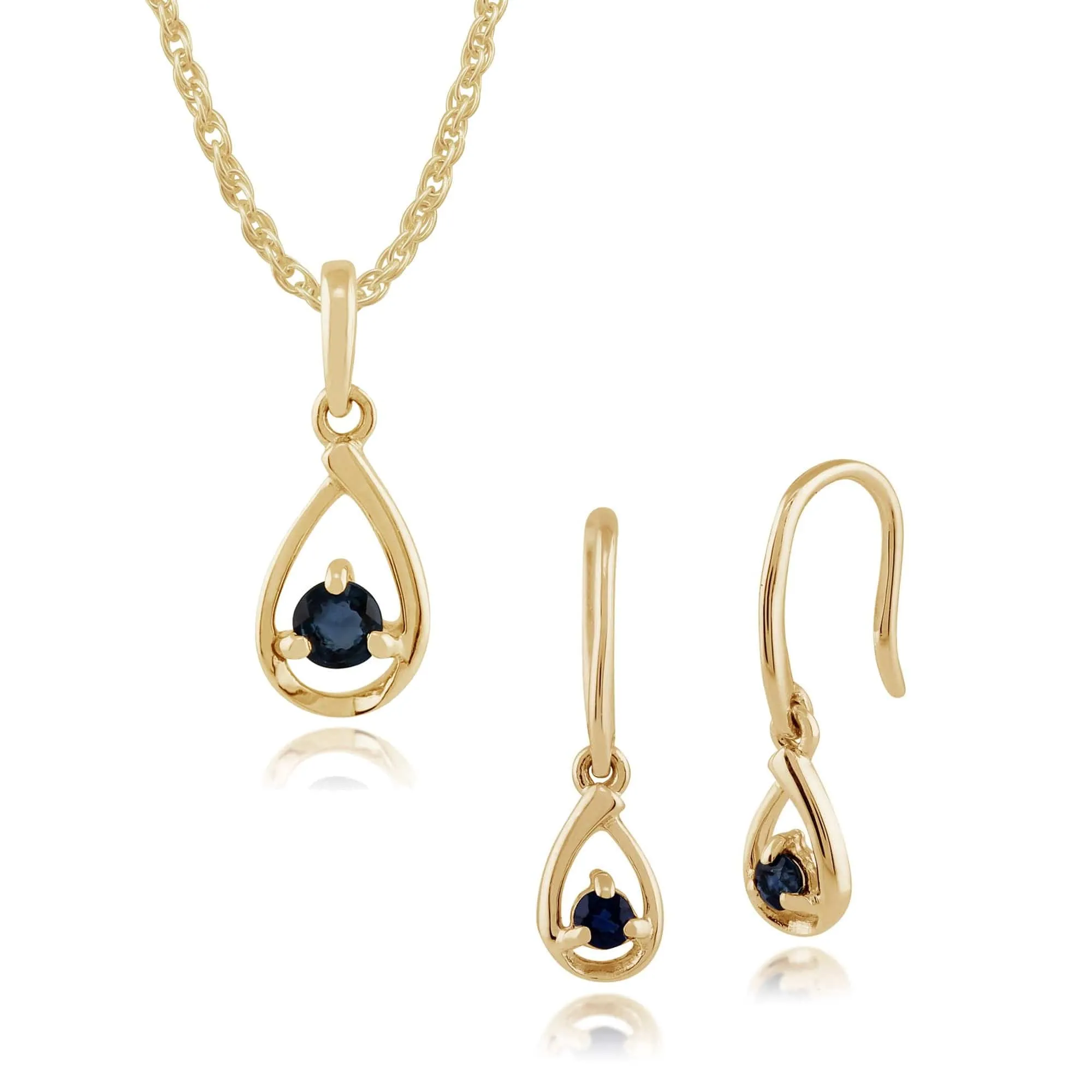 Classic Round Sapphire Single Stone Halo Drop Earrings & Pendant Set in 9ct Yellow Gold sold by Gemondo Jewellery
