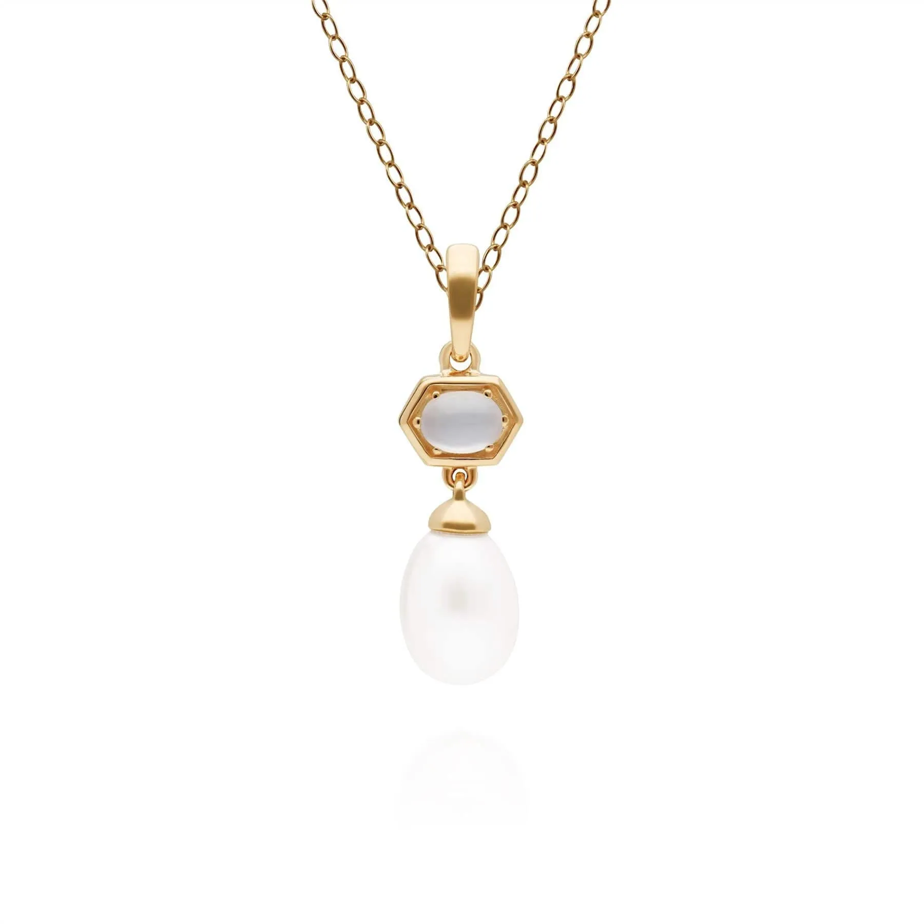 Modern Pearl & Moonstone Hexagon Drop Pendant in Yellow Gold Plated Silver sold by Gemondo Jewellery