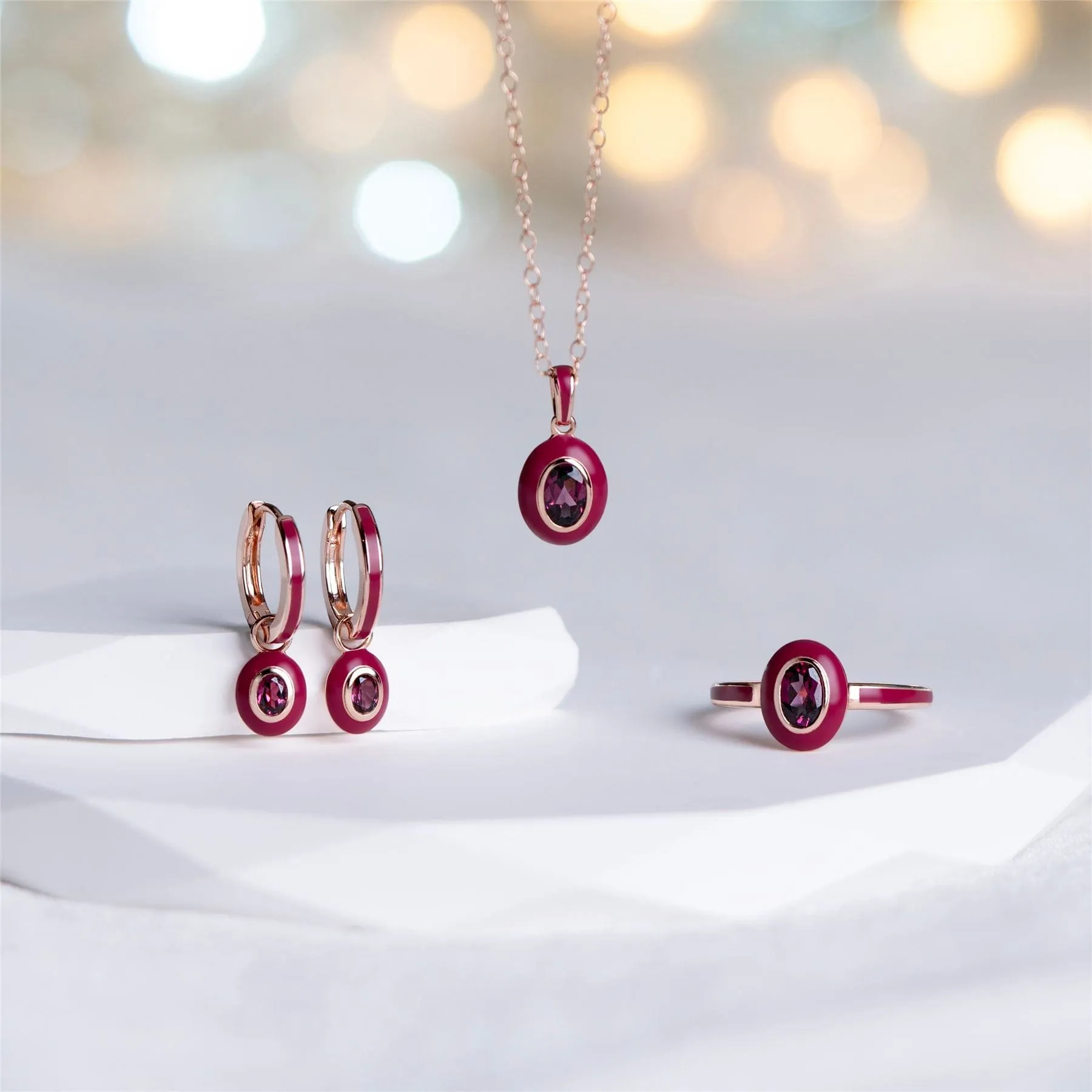Siberian Waltz Pink Enamel & Oval Rhodolite Hoop Earrings in Rose Gold Plated Sterling Silver sold by Gemondo Jewellery product image thumbnail 5