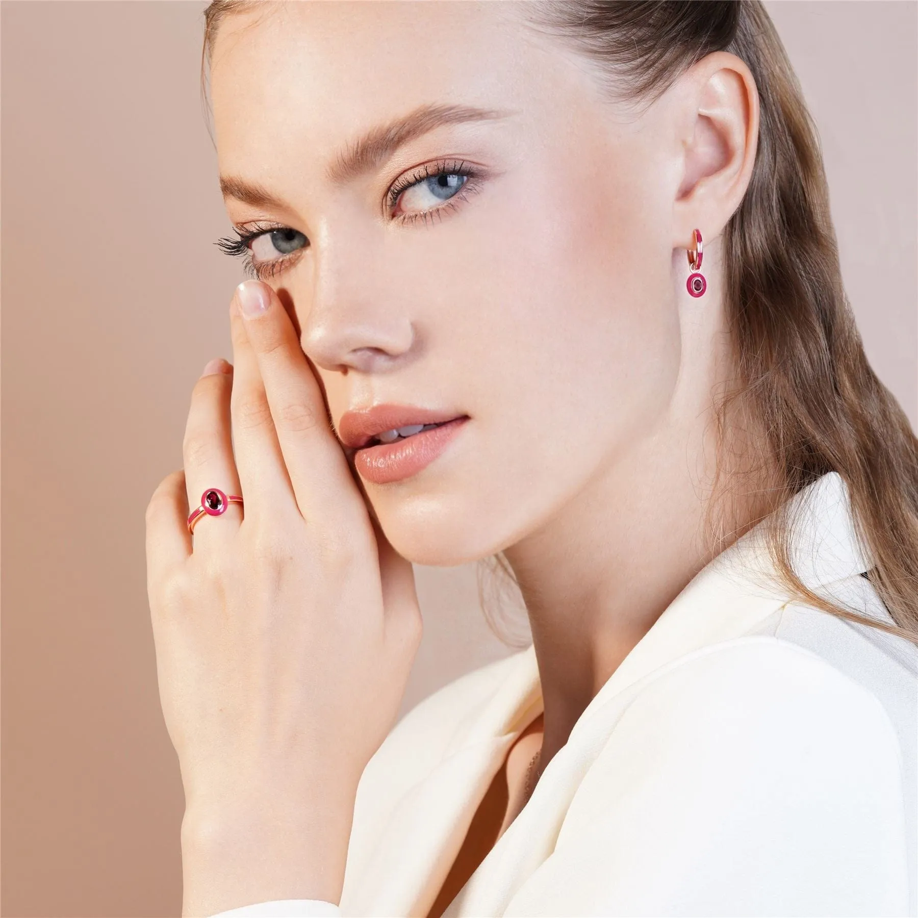 Siberian Waltz Pink Enamel & Oval Rhodolite Hoop Earrings in Rose Gold Plated Sterling Silver sold by Gemondo Jewellery product image thumbnail 2