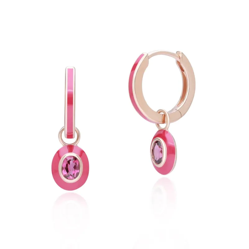 Siberian Waltz Pink Enamel & Oval Rhodolite Hoop Earrings in Rose Gold Plated Sterling Silver sold by Gemondo Jewellery