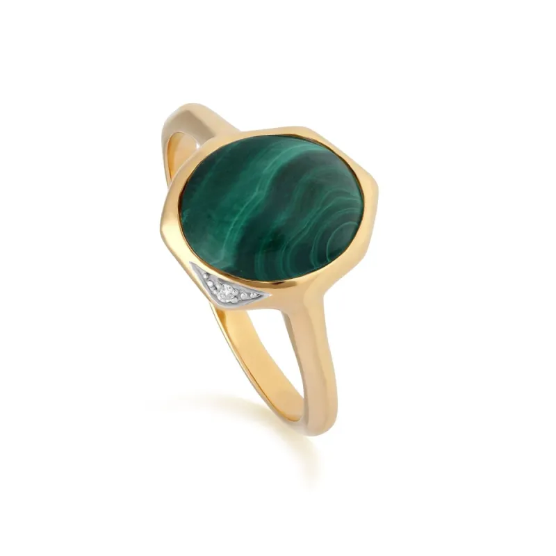 Irregular B Gem Malachite & Diamond Ring in Gold Plated Sterling Silver sold by Gemondo Jewellery