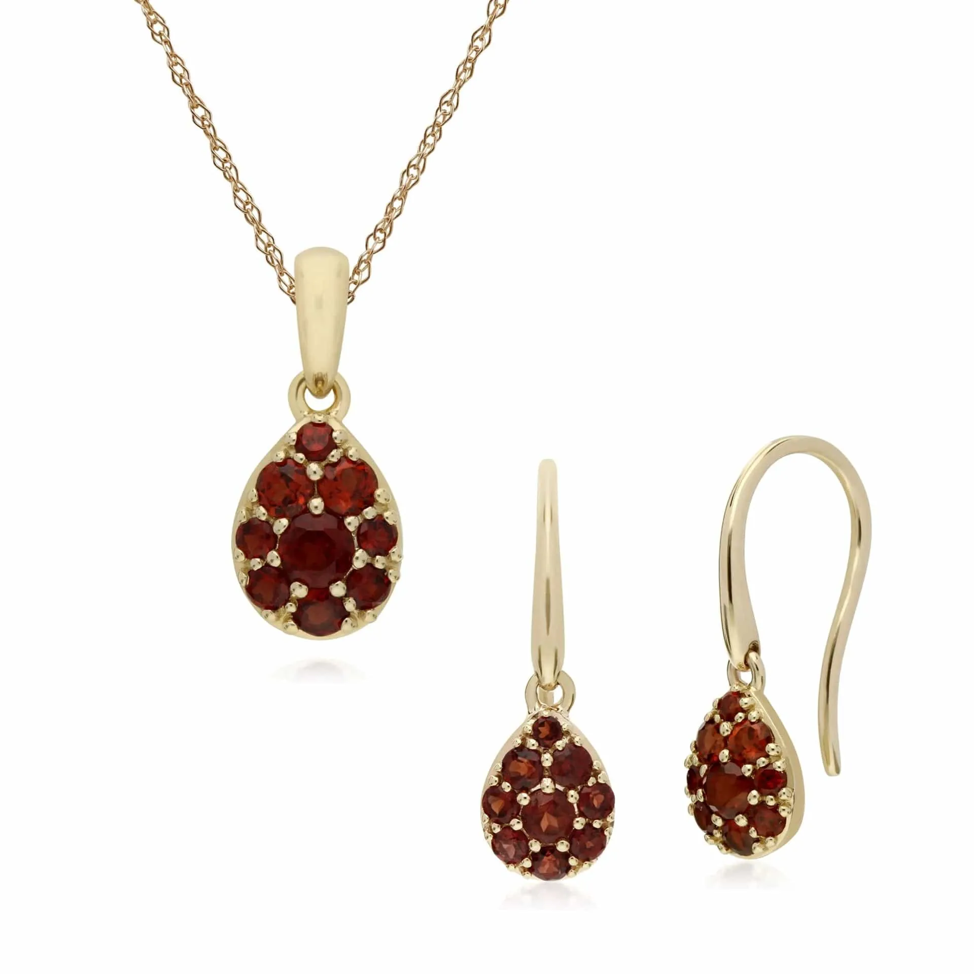 Classic Round Garnet Pear Cluster Drop Earrings & Pendant Set in 9ct Yellow Gold sold by Gemondo Jewellery