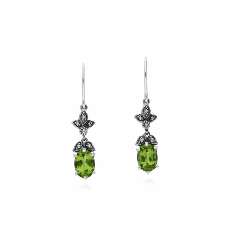 Art Nouveau Style Oval Peridot & Marcasite Drop Earrings in Sterling Silver sold by Gemondo Jewellery