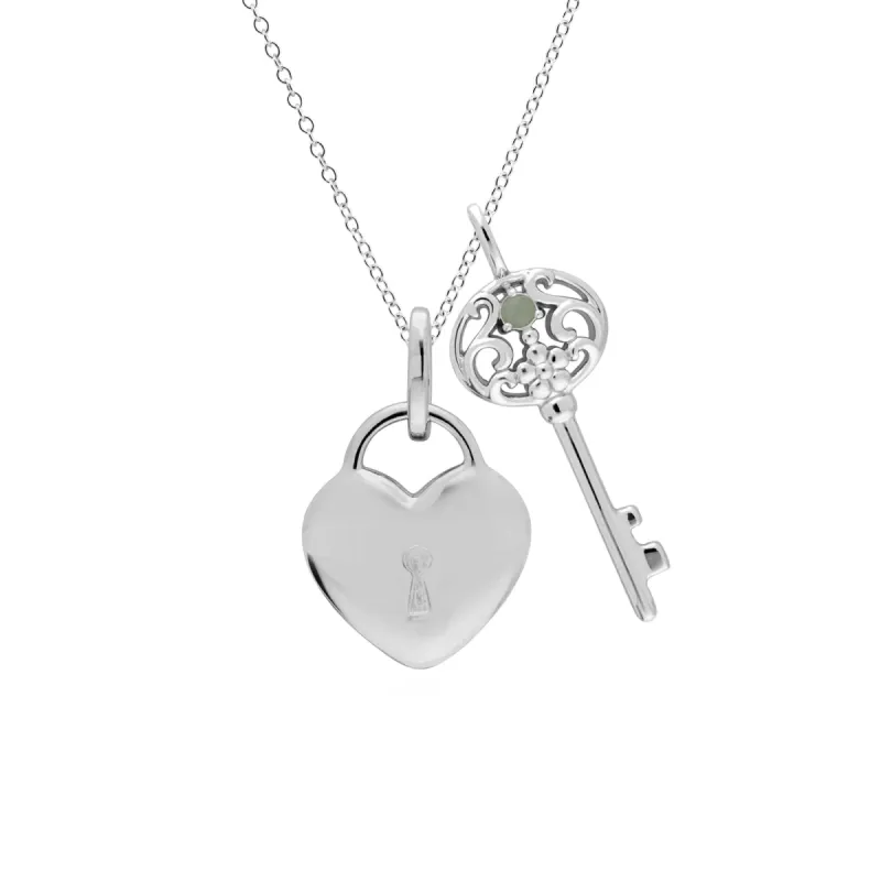 Classic Heart Lock Pendant & Jade Big Key Charm in 925 Sterling Silver sold by Gemondo Jewellery