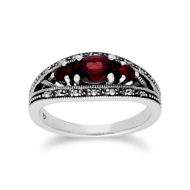 Art Deco Style Oval Garnet & Marcasite Three Stone Ring in 925 Sterling Silver sold by Gemondo Jewellery