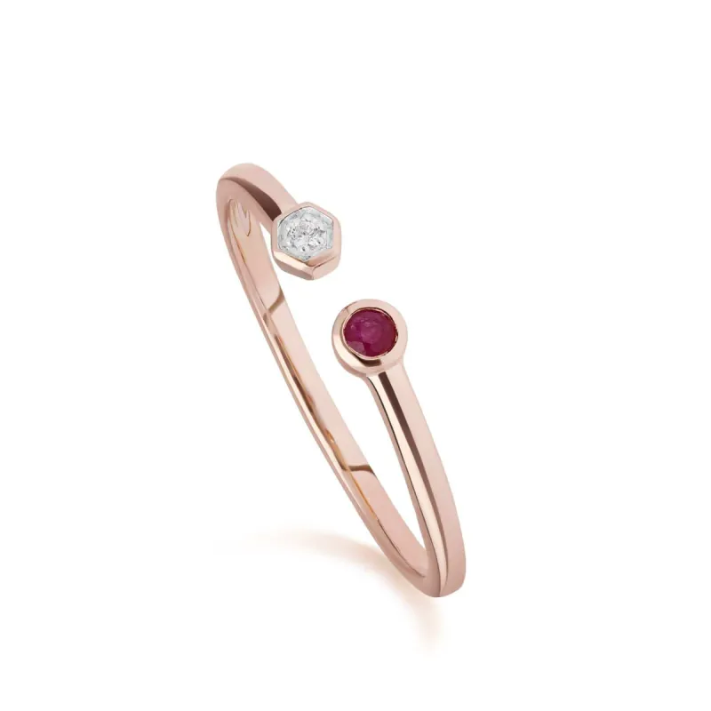 Contemporary Ruby & Diamond Geometric Open Ring in 9ct Rose Gold sold by Gemondo Jewellery