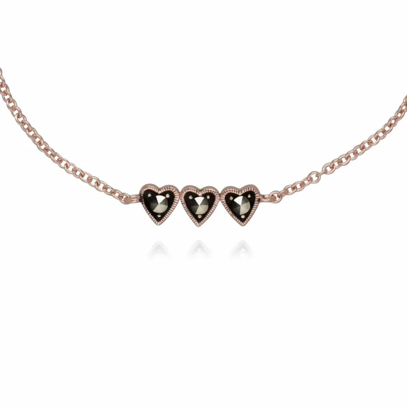 Rose Gold Plated Round Marcasite Three Heart Bracelet in 925 Sterling Silver sold by Gemondo Jewellery