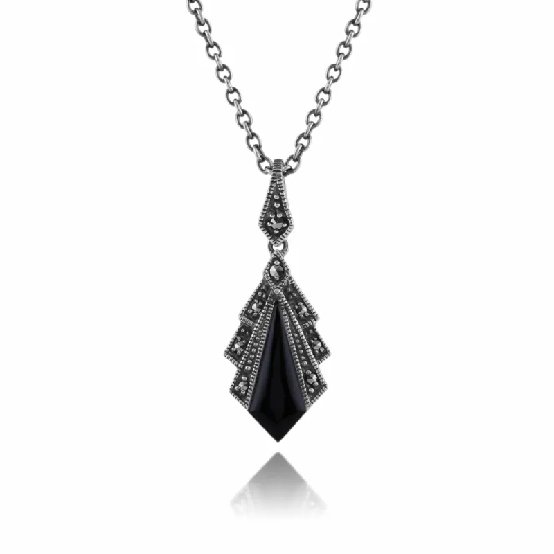 Art Deco Style Black Onyx & Marcasite Pendant in 925 Sterling Silver sold by Gemondo Jewellery