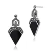 Art Deco Style Black Onyx Cabochon & Marcasite Drop Earrings in 925 Sterling Silver sold by Gemondo Jewellery