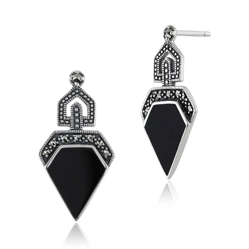 Art Deco Style Black Onyx Cabochon & Marcasite Drop Earrings in 925 Sterling Silver sold by Gemondo Jewellery