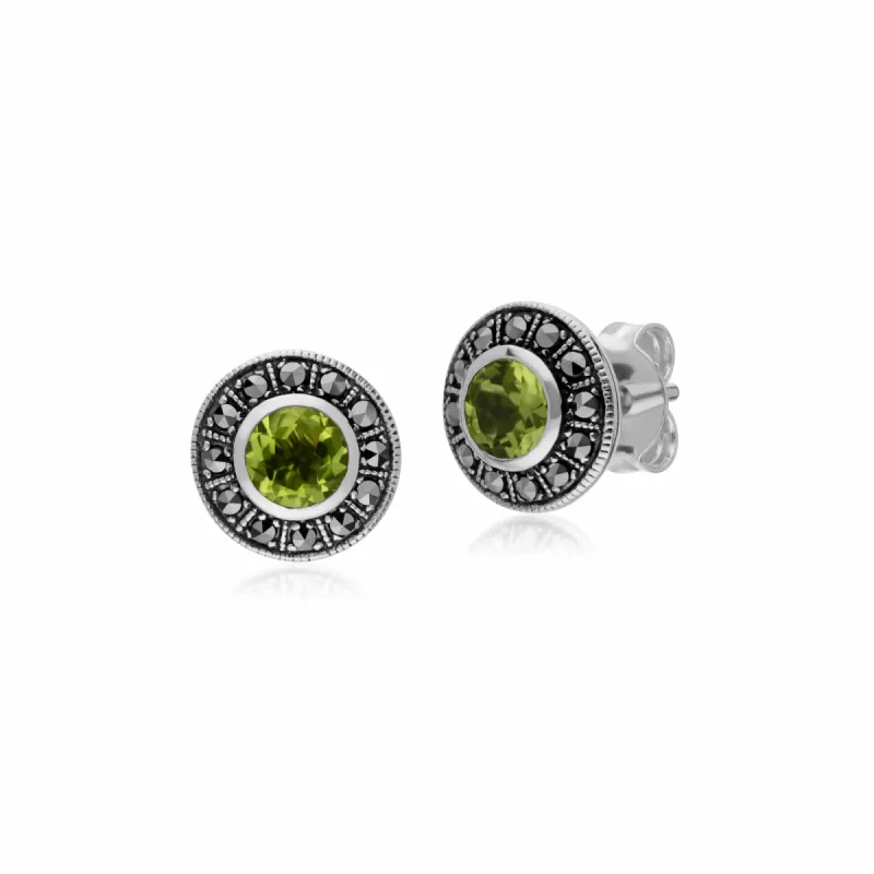 Gemondo Sterling Silver Round Peridot and Marcasite Cluster Stud Earrings sold by Gemondo Jewellery