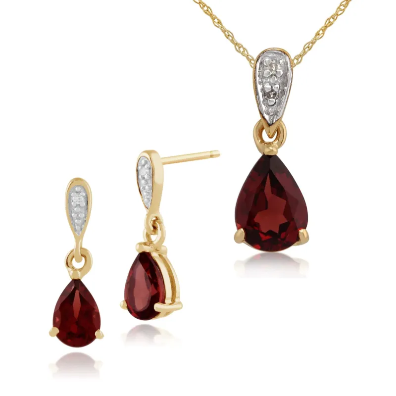 Classic Pear Garnet & Diamond Drop Earrings & Pendant Set in 9ct Yellow Gold sold by Gemondo Jewellery
