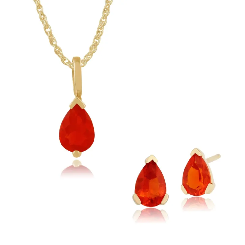 Classic Pear Fire opal Single Stone Stud Earrings & Pendant Set in 9ct Yellow Gold sold by Gemondo Jewellery