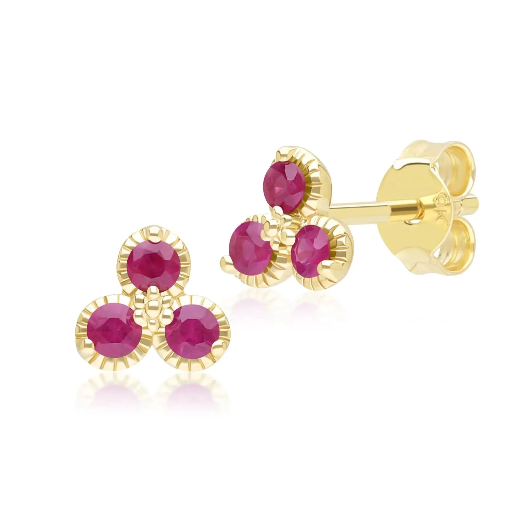 Floral Ruby Three Stone Stud Earrings in 9ct Yellow Gold sold by Gemondo Jewellery