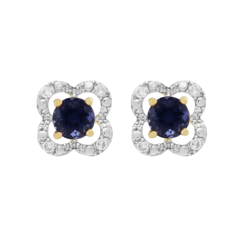 Classic Round Iolite Stud Earrings with Detachable Diamond Floral Ear Jacket in 9ct Yellow Gold sold by Gemondo Jewellery