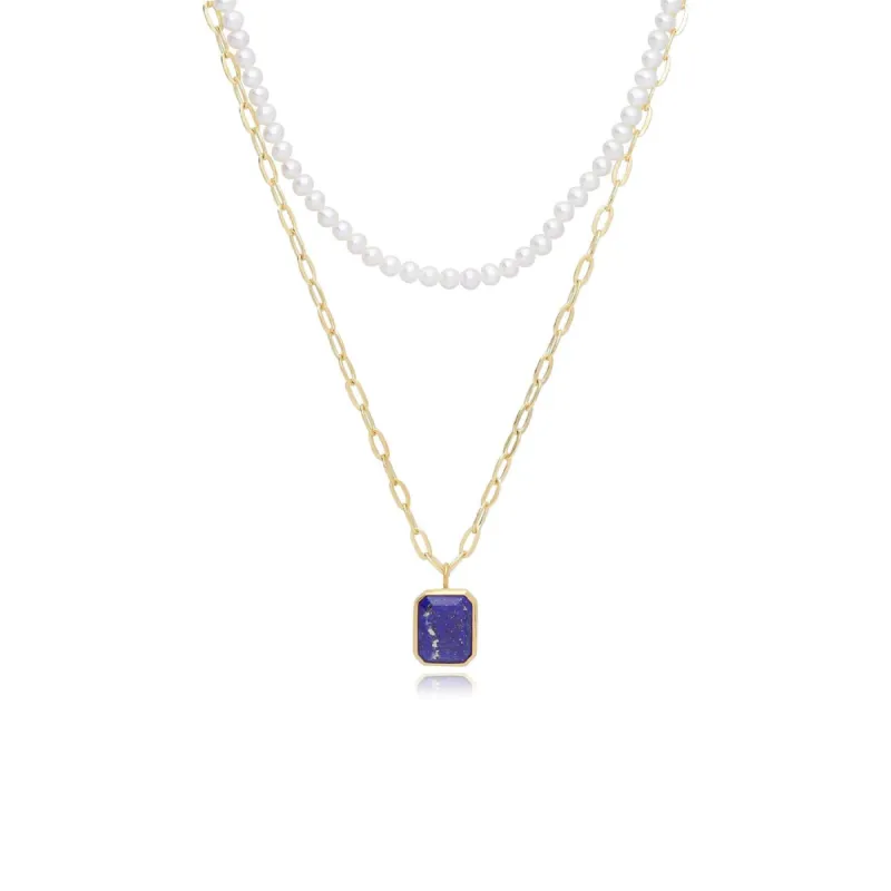 ECFEW™ Unifier Layered Lapis Lazuli & Pearl Necklace in Gold Plated Sterling Silver sold by Gemondo Jewellery