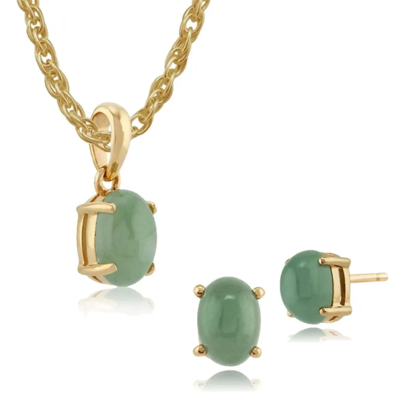 Classic Round Green Jade Single Stone Stud Earrings & Pendant Set in 9ct Yellow Gold sold by Gemondo Jewellery