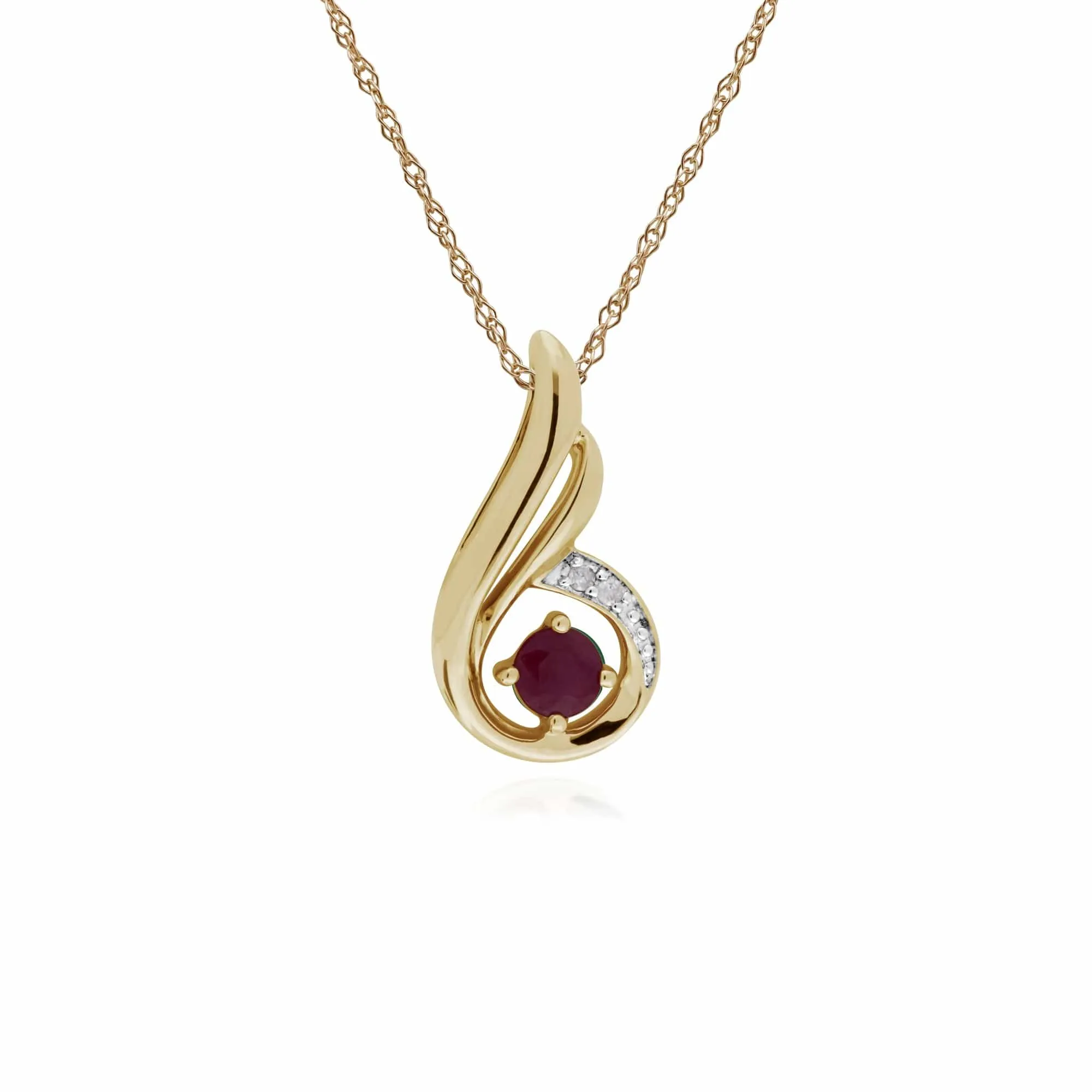 Classic Round Ruby & Diamond Spiral Drop Pendant in 9ct Yellow Gold sold by Gemondo Jewellery