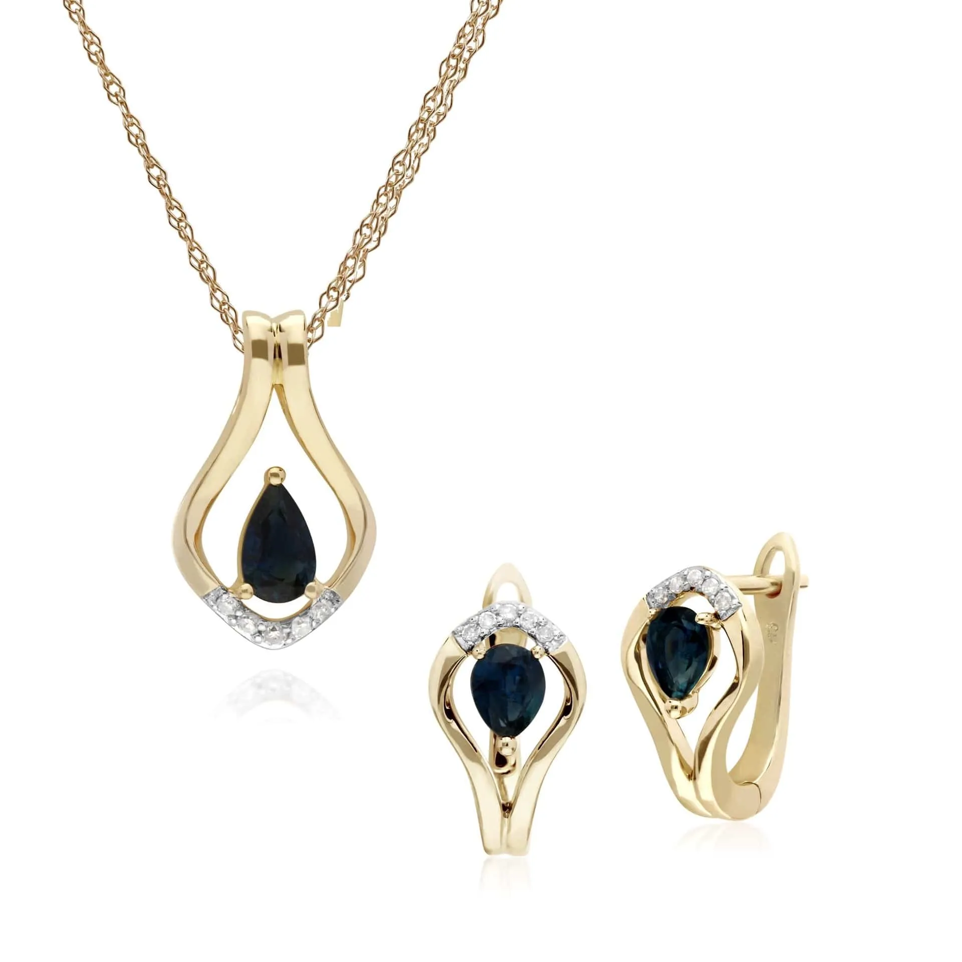 Classic Oval Sapphire & Diamond Leaf Lever back Earrings & Pendant Set in 9ct Yellow Gold sold by Gemondo Jewellery