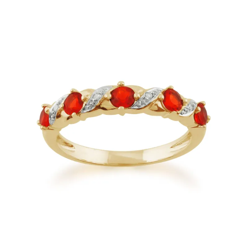 Art Nouveau Style Fire Opal & Diamond Half Eternity Ring in 9ct Yellow Gold sold by Gemondo Jewellery