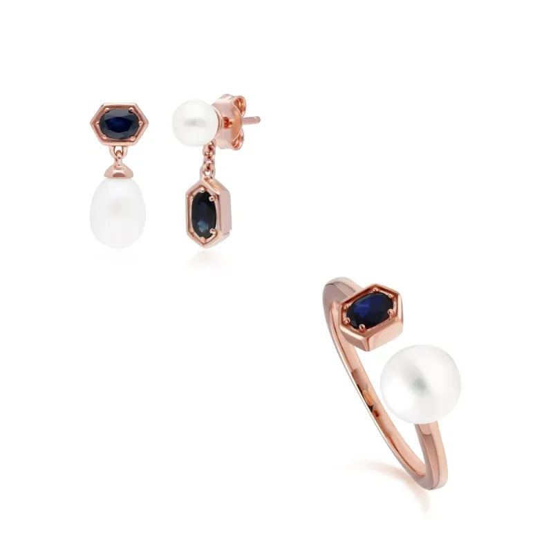 Modern Pearl & Sapphire Ring & Earring Set in Rose Gold Plated Silver sold by Gemondo Jewellery