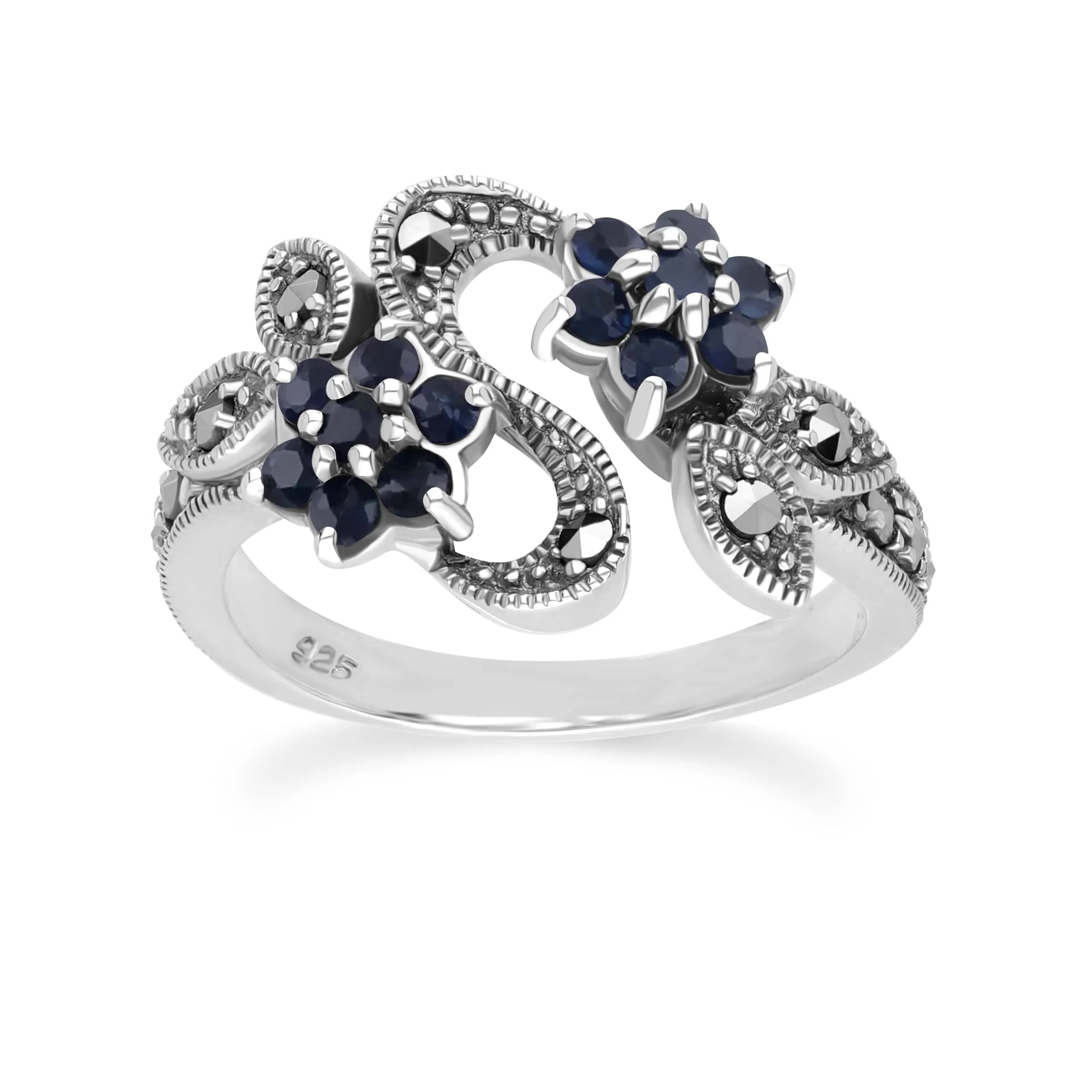 Art Nouveau Style Round Sapphire & Marcasite Flower Ring in 925 Sterling Silver sold by Gemondo Jewellery