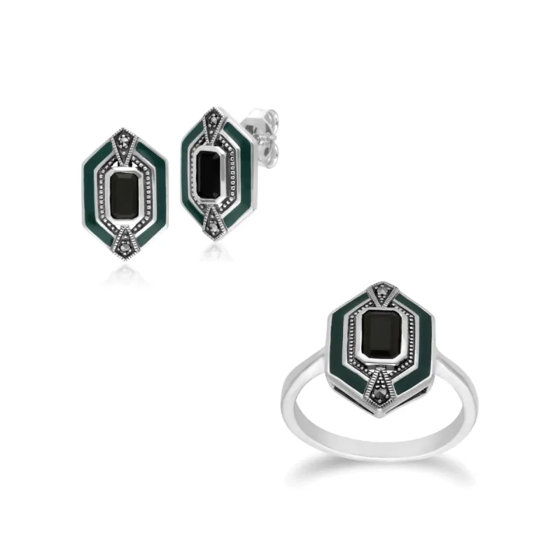 Art Deco Style Black Onyx, Marcasite & Green Enamel Hexagon Stud Earrings & Ring Set in 925 Sterling Silver sold by Gemondo Jewellery