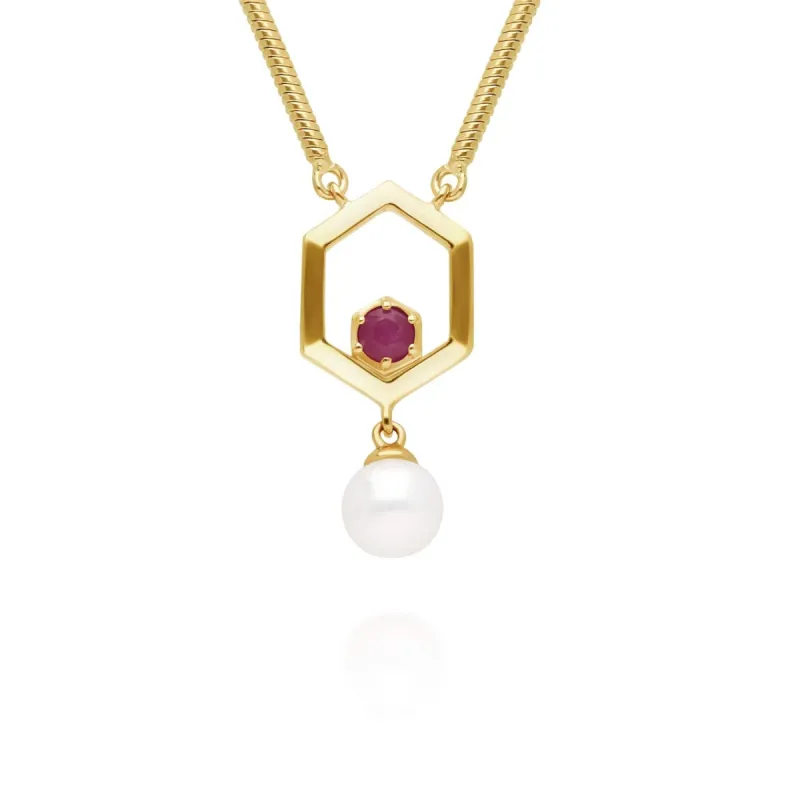 Modern Pearl & Ruby Hexagon Drop Necklace in Gold Plated Silver sold by Gemondo Jewellery