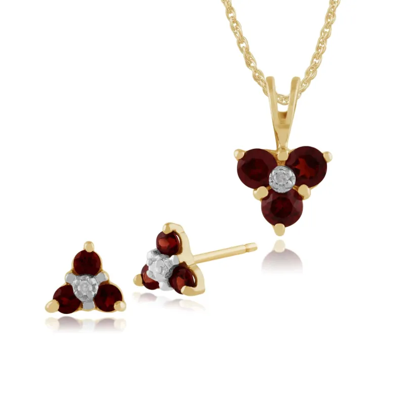 Floral Round Garnet & Diamond Flower Stud Earrings & Pendant Set in 9ct Yellow Gold sold by Gemondo Jewellery