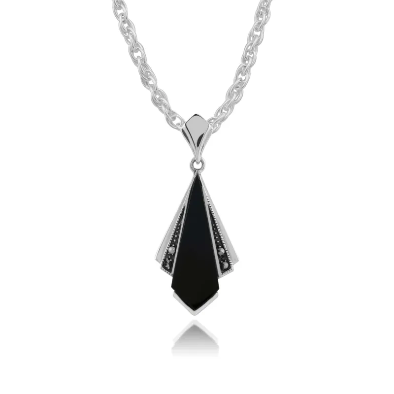 Art Deco Style Black Onyx & Marcasite Fan Drop Pendant in 925 Sterling Silver sold by Gemondo Jewellery